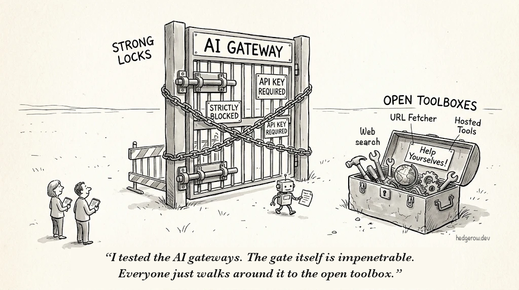 Cartoon: two researchers look at a heavily chained gate labelled AI Gateway, with signs saying API key required and strictly blocked, while a small robot carrying a request slip heads past it to an open toolbox labelled web search, URL fetcher and hosted tools, with a sign saying help yourselves. Caption: I tested the AI gateways. The gate itself is impenetrable. Everyone just walks around it to the open toolbox.